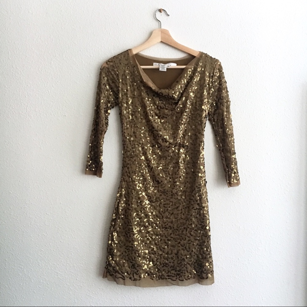 Max Studio Sequins Dress Bodycon Mini Sleeves Gold